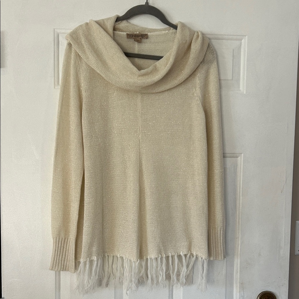 Vintage America Cream Turtleneck Sweater with Fringe
